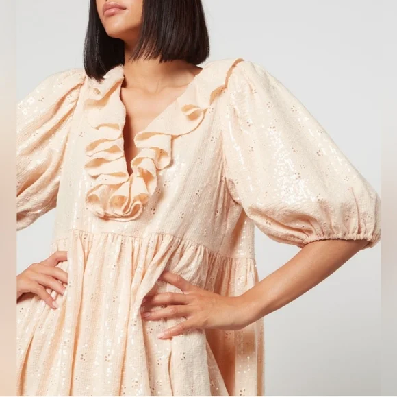 NWT Stine Goya Imperio Peach Sequin Ruffle Puff Sleeve Mini Dress XS - Picture 3 of 8